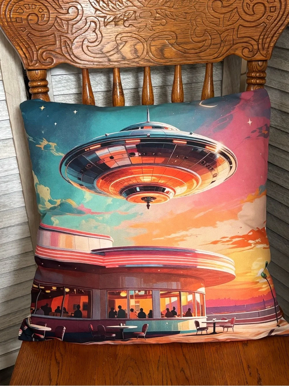 NEW Googie Neon “Twilight Diner” Retro UFO Dopamine Decor Throw Pillow 18”Wx17L